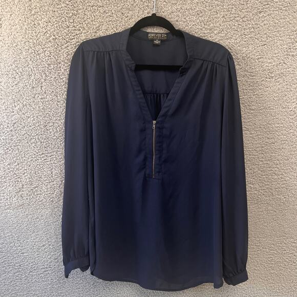 Forever 21 Tops - Forever 21 Plus Size 2X V Neck Long Sleeve Chiffon Blouse Zip Navy Blue Workwear